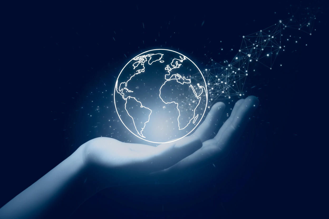 Mano sosteniendo el mundo, representando la innovación en alimentos de Uytuna